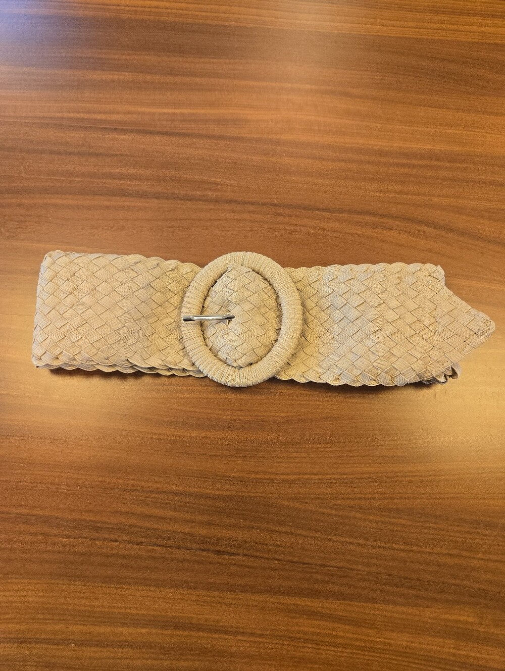Elastic Woven Taupe Women's Belt with Round Buckle XL